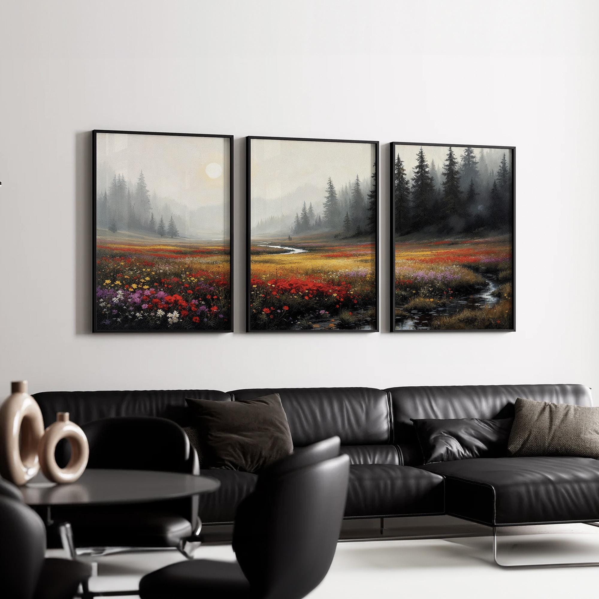 Serene Landscape Triptych Canvas Wall Art | Misty Pine Forest With ...