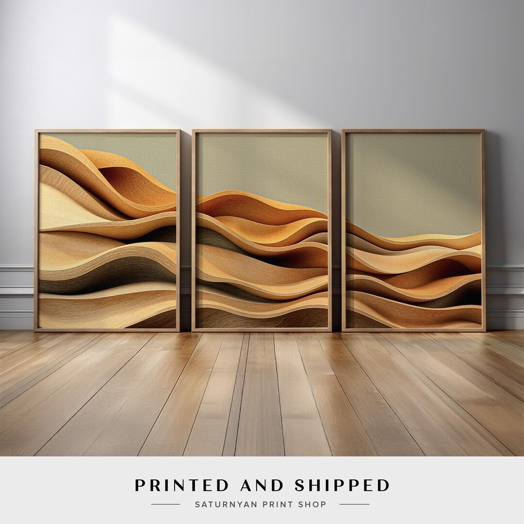 Neutral Abstract Wall Art Set of 3 | Beige and Brown Wave Canvas Prints ...