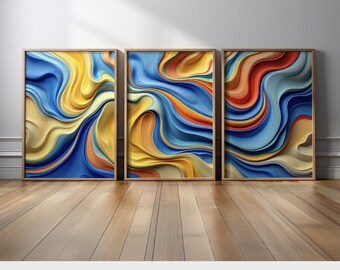Colorful Abstract Wall Art Set of 3 | Blue Yellow and Red Swirl Canvas Prints with Flowing Modern Art | Bold Vibrant Decor for Artistic Home