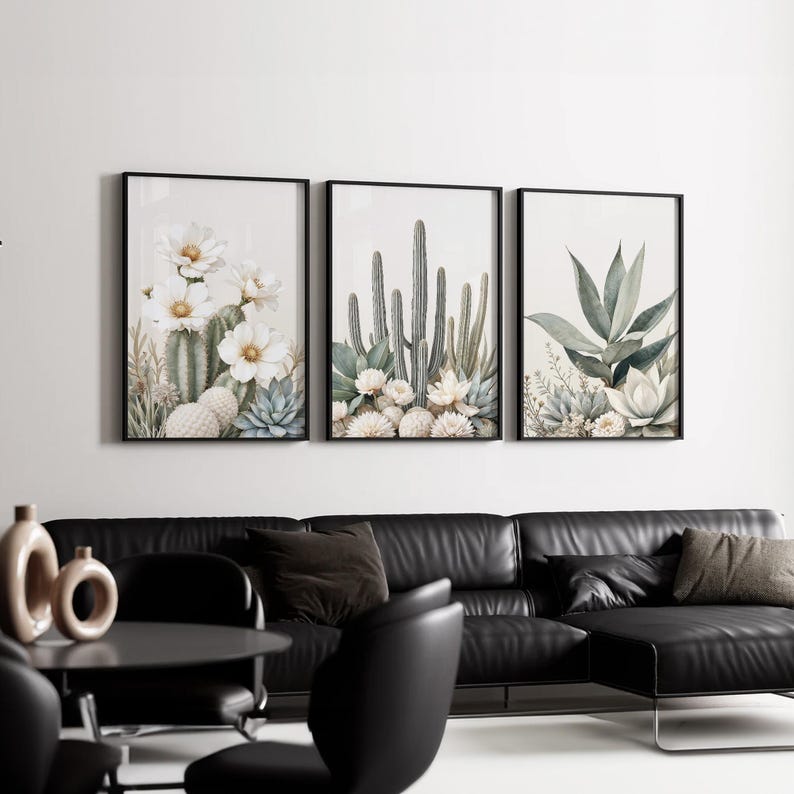 Neutral Cactus Wall Art Set | Desert Succulent & Floral Prints | Minimalist Botanical Painting | Boho Nature Artwork for Home Decor image 2