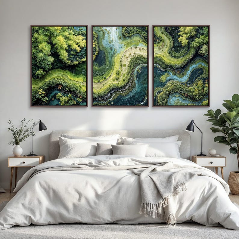 Aerial River Landscape Wall Art Set of 3 | Lush Green Forest Triptych ...