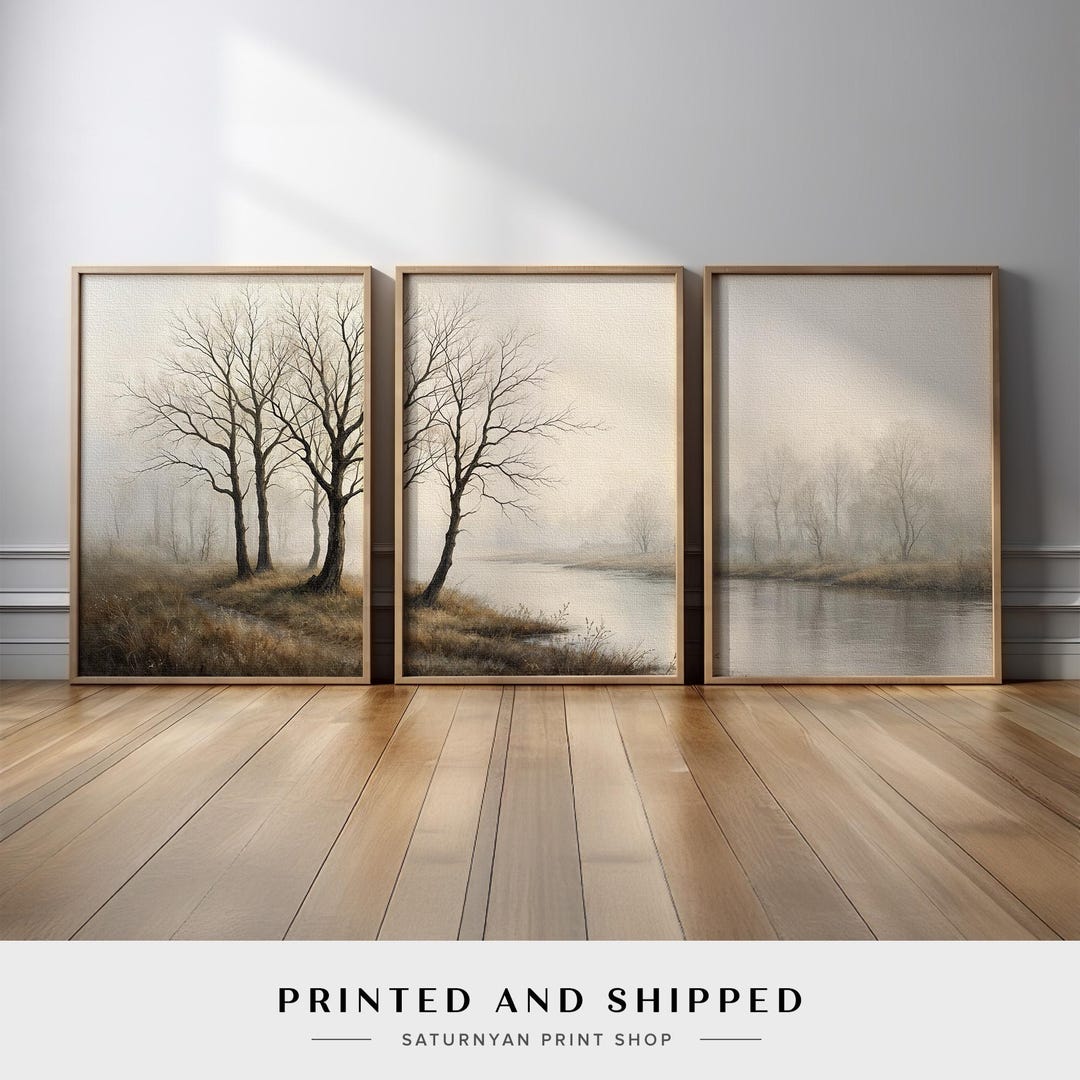 Misty Forest River Wall Art Set of 3 | Neutral Foggy Landscape Canvas ...