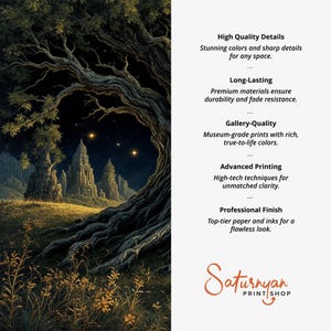 Puede incluir: Una impresi&oacute;n art&iacute;stica digital que presenta un paisaje detallado con un gran &aacute;rbol en primer plano. La obra de arte muestra una escena nocturna con un cielo estrellado y formaciones rocosas iluminadas. El texto describe la calidad de la impresi&oacute;n.