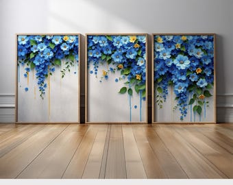 Blue Floral Drip Set of 3 Wall Art | Cascading Flowers with Green Leaves & Yellow Accents | Large Botanical Canvas Prints for Living Room