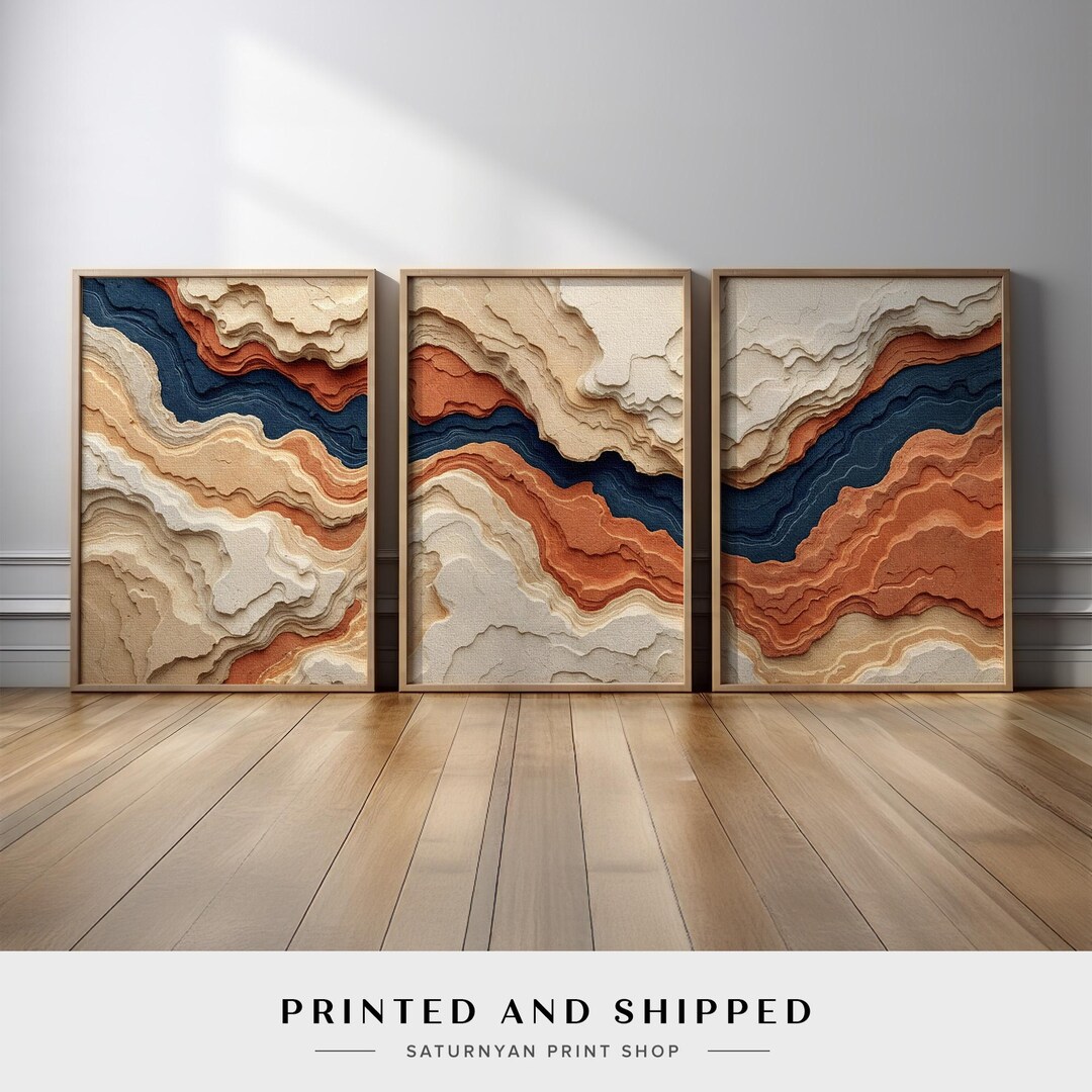 Abstract Wall Art Set of 3 | Neutral Terracotta and Navy Blue Canvas ...