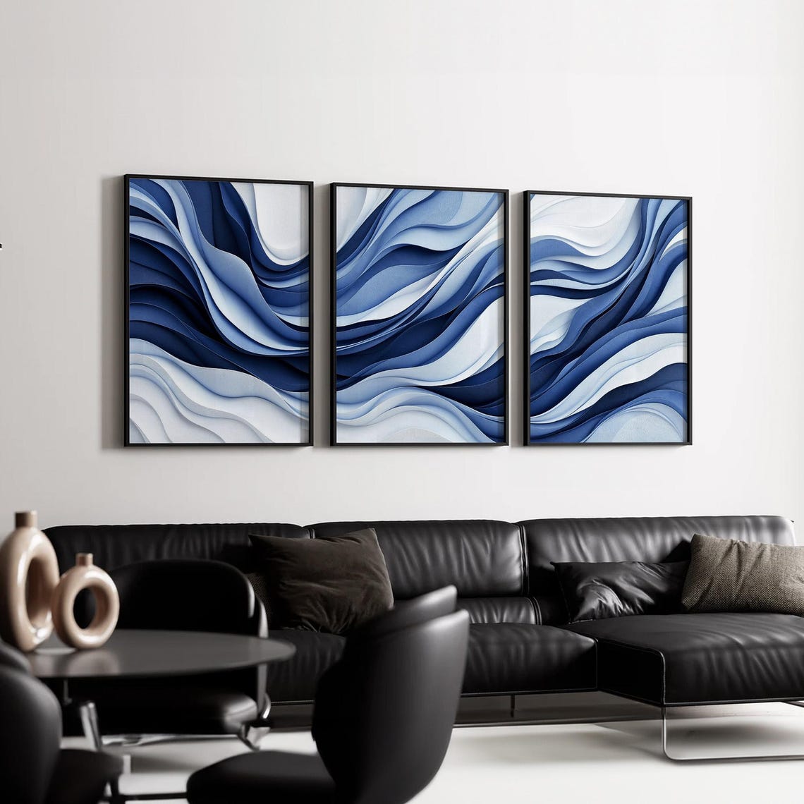 Blue Abstract Wave Wall Art Set of 3 | Navy Cobalt White Fluid Canvas ...