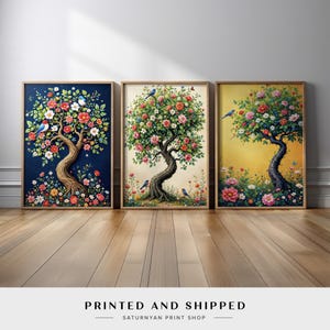 Floral Tree Poster Prints Wall Art | Set of 3 Vibrant Nature Scenes with Birds and Flowers | Modern Wall Decor for Living Room or Bedroom
