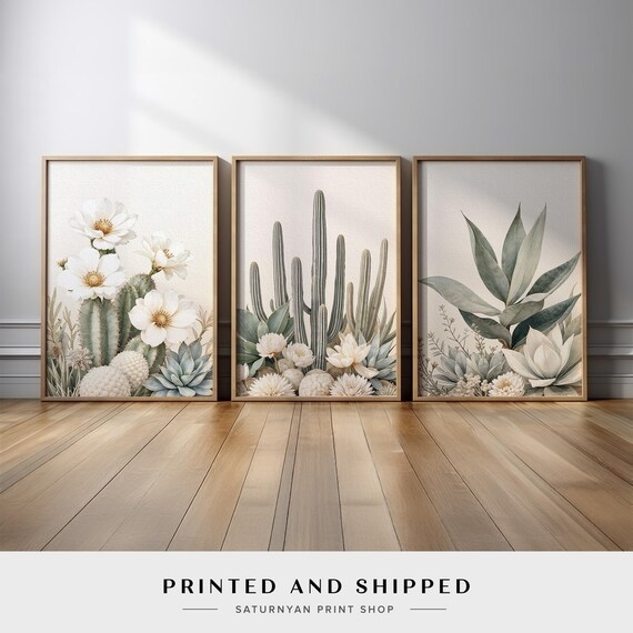 Neutral Cactus Wall Art Set | Desert Succulent & Floral Prints | Minimalist Botanical Painting | Boho Nature Artwork for Home Decor