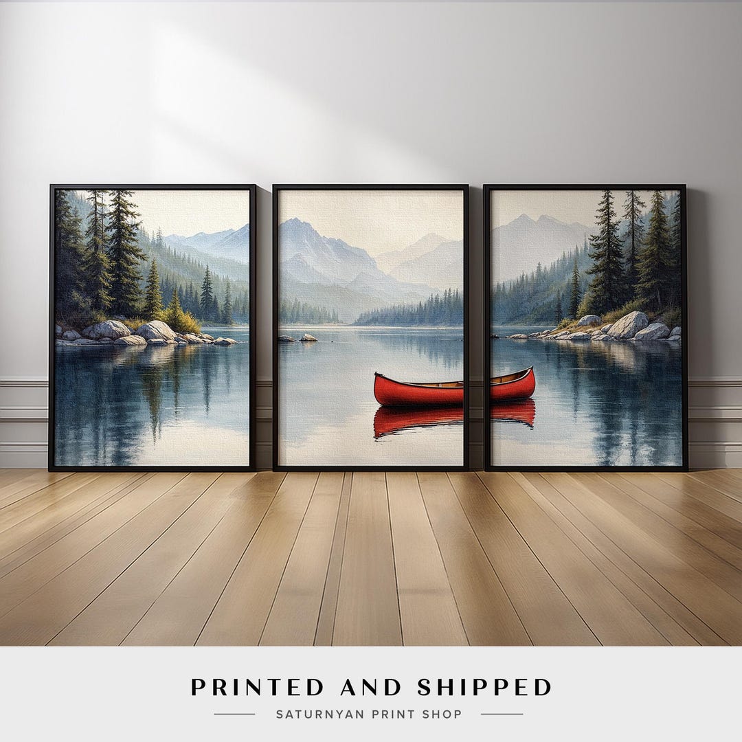 Mountain Lake Wall Art Set of 3 | Red Canoe Landscape With Forest and ...