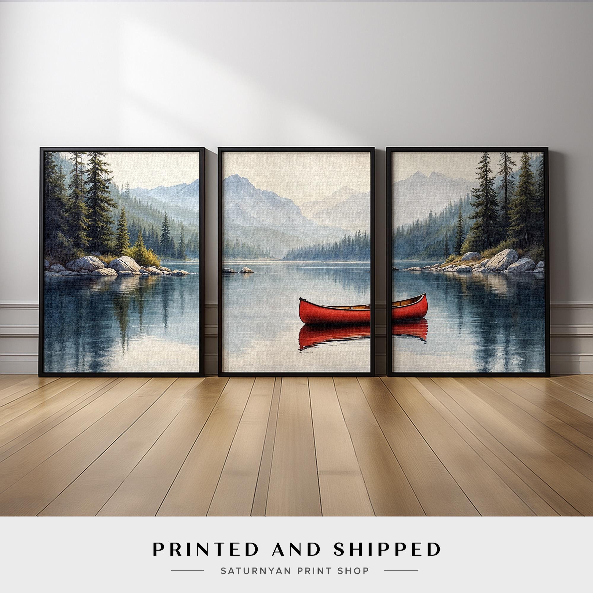 Mountain Lake Wall Art Set of 3 | Red Canoe Landscape With Forest and ...