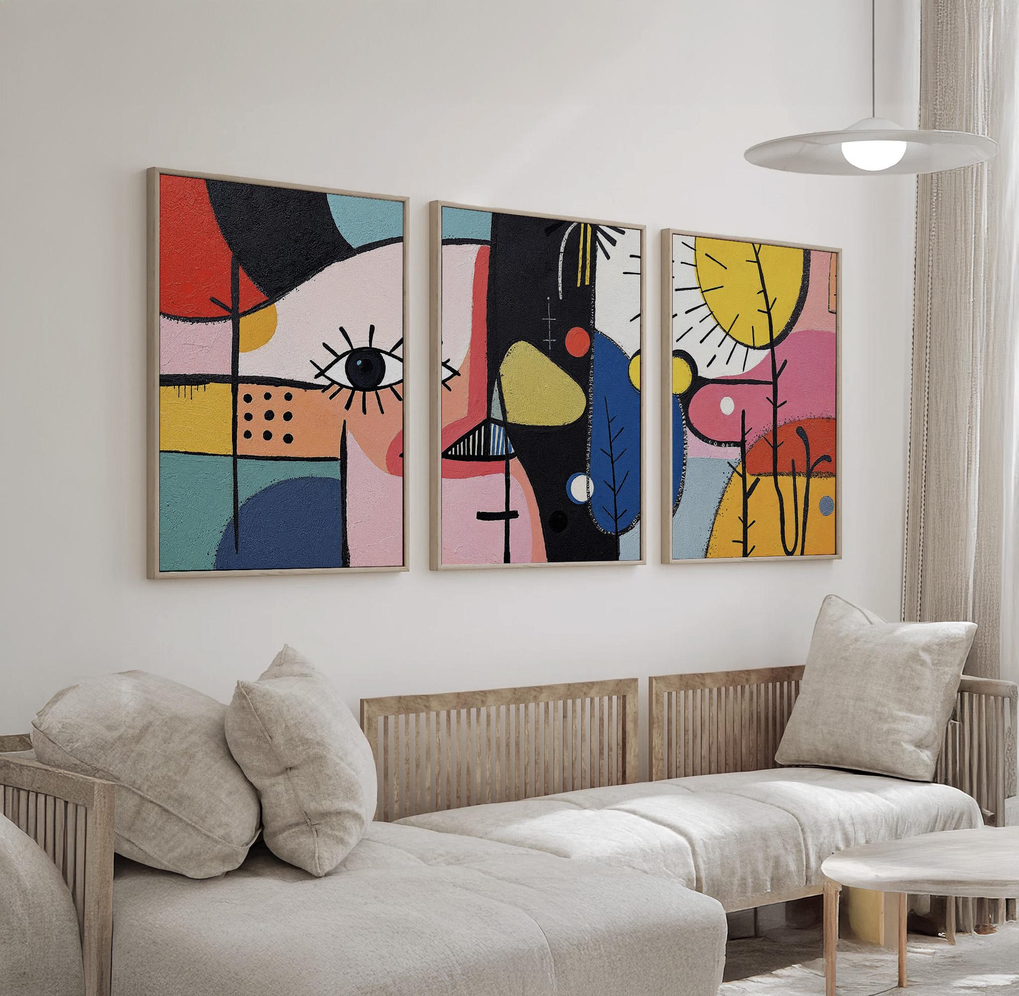 Modern Abstract Face Wall Art Set of 3 | Colorful Geometric Triptych ...