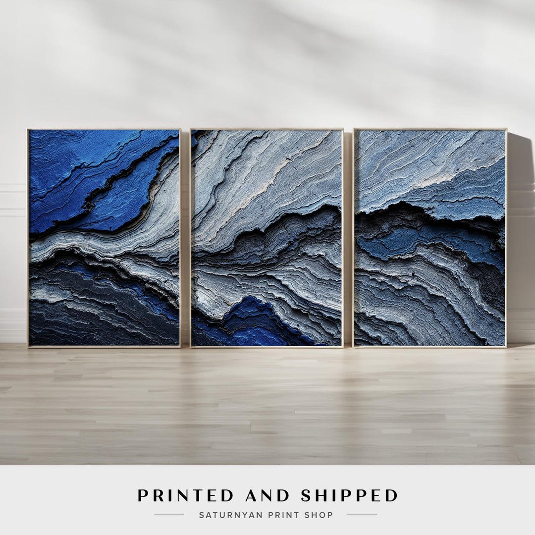 Abstract Blue and Gray Ocean Wave Layered Triptych Wall Art | Set of 3 ...