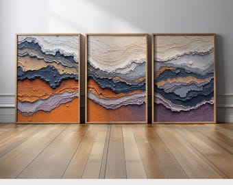 Geological Abstract Wall Art Triptych | Colorful Canvas Prints in Orange, Beige, Blue, and Purple Landscape for Living Room or Office Decor