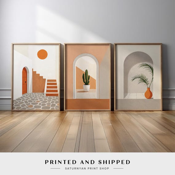 Mediterranean Archway Wall Art Set | Warm Beige & Terracotta Minimalist Print Triptych | Boho Spanish Villa Inspired for Modern Home Decor