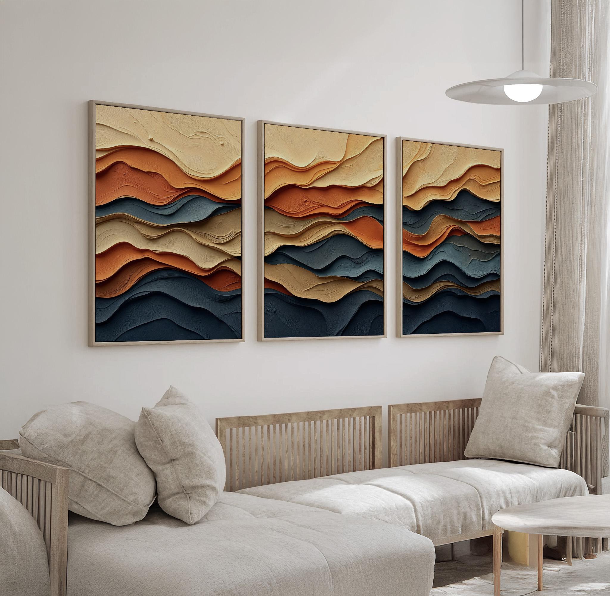 Terracotta Navy Blue Abstract Wall Art Set of 3 | Earth Tone Flowing ...