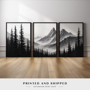 Black and White Mountain Wall Art Set of 3 | Misty Pine Tree Landscape Canvas Triptych Prints | Minimalist Monochrome Nature Wall Decor