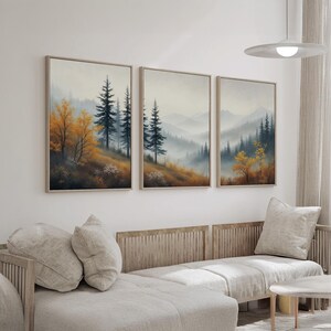 Golden Autumn Mountain Landscape Wall Art Set of 3 | Misty Pine Tree ...