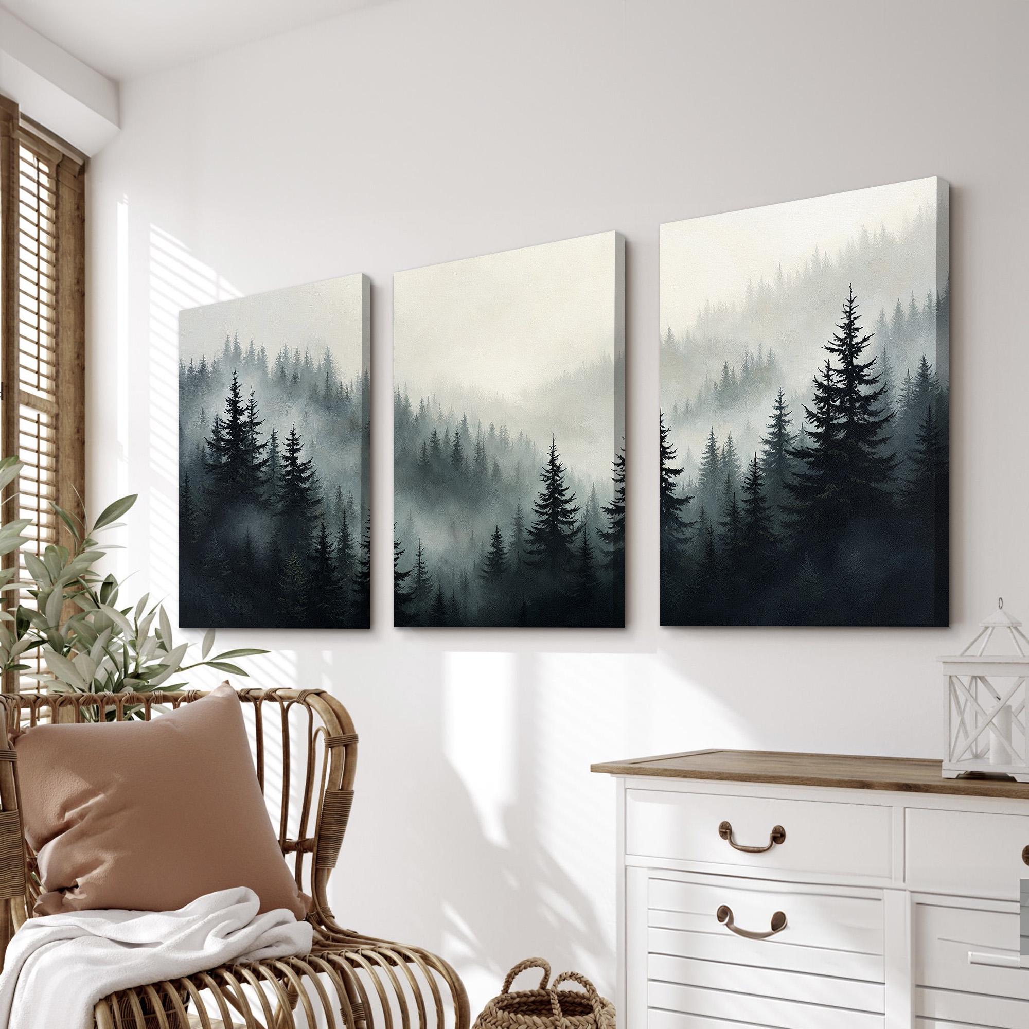 Misty Forest Landscape Triptych Wall Art Set | Black and White Pine ...