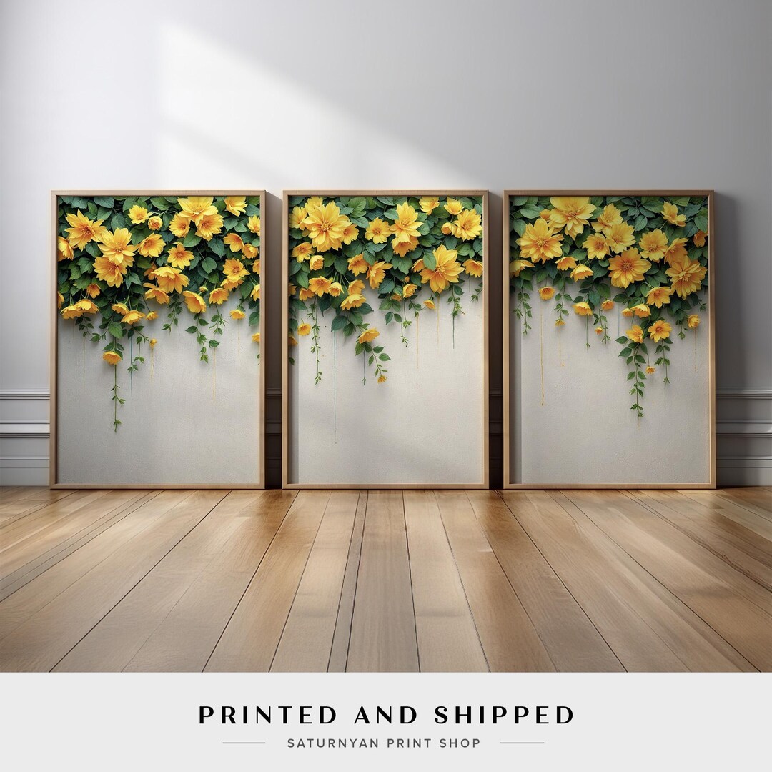 Yellow Flower Wall Art Set of 3 | Cascading Floral Triptych Canvas in ...