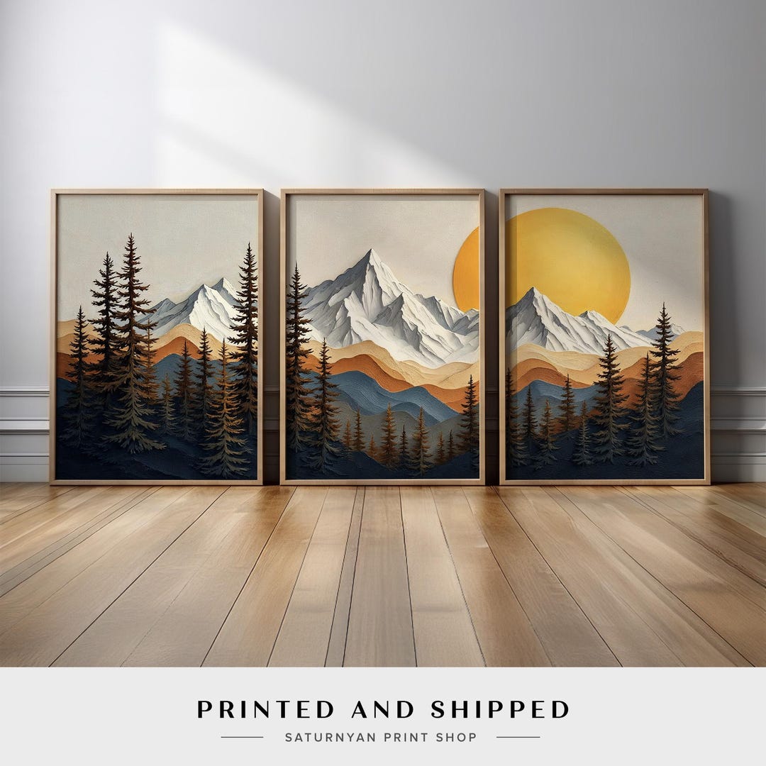 Mid Century Modern Nature Wall Art Set of 3 | abstract Mountain Scene ...