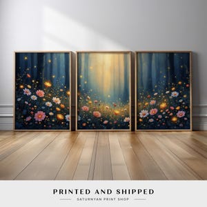 Whimsical Wildflower Wall Art Triptych | 3 Piece Canvas Set with Glowing Forest and Fireflies | Dreamy Nature Decor for Nursery, Bedroom