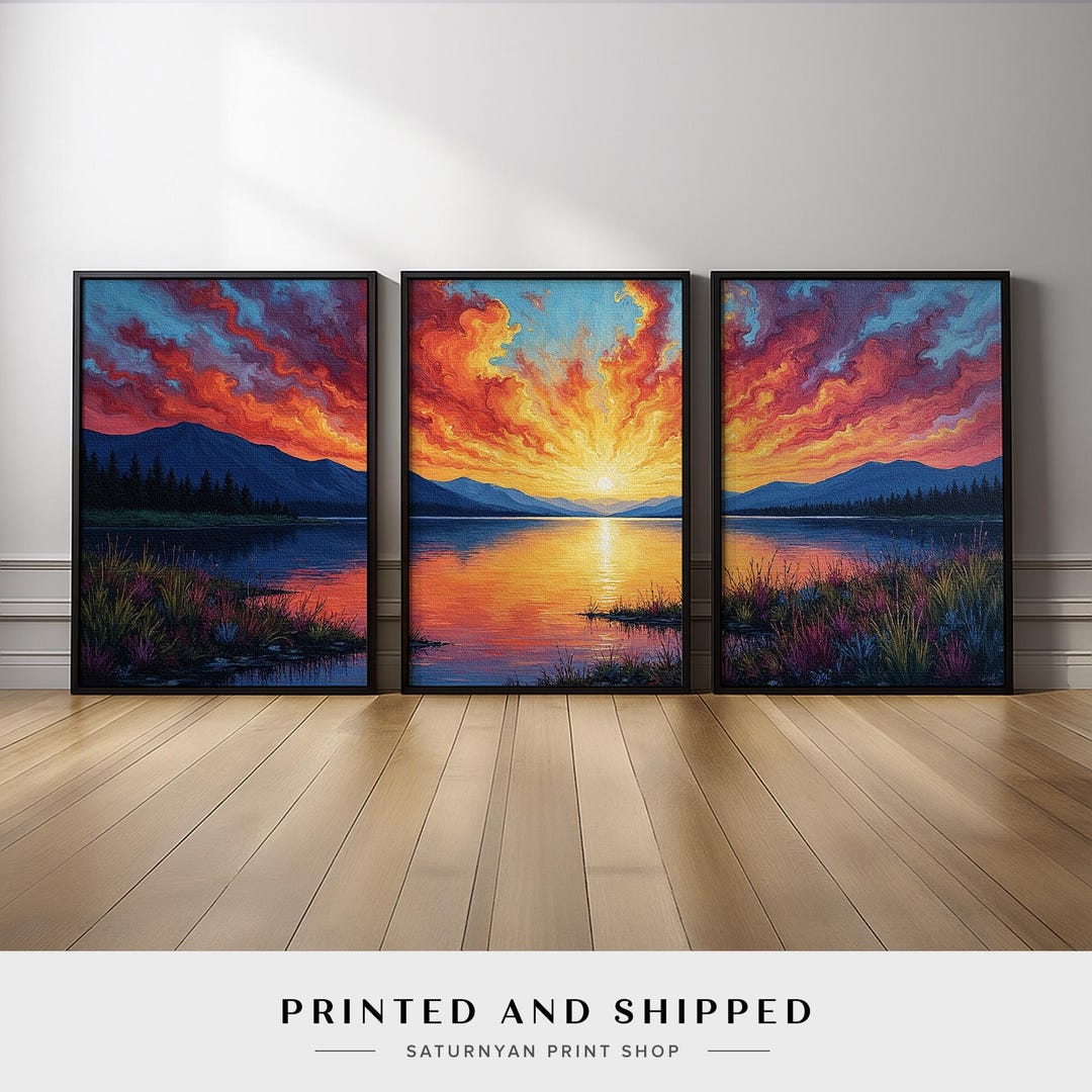 Sunset Wall Art Set of 3 | Colorful Lake and Mountain Landscape Canvas ...