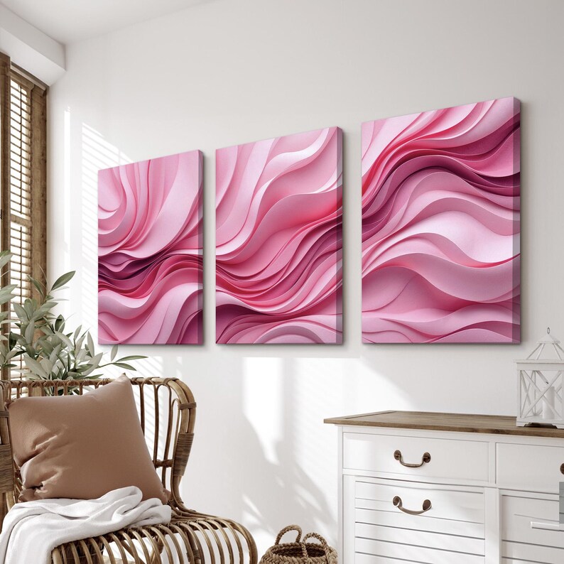 Pink Abstract Wall Art Triptych | Set of 3 Modern Wave-inspired Canvas ...