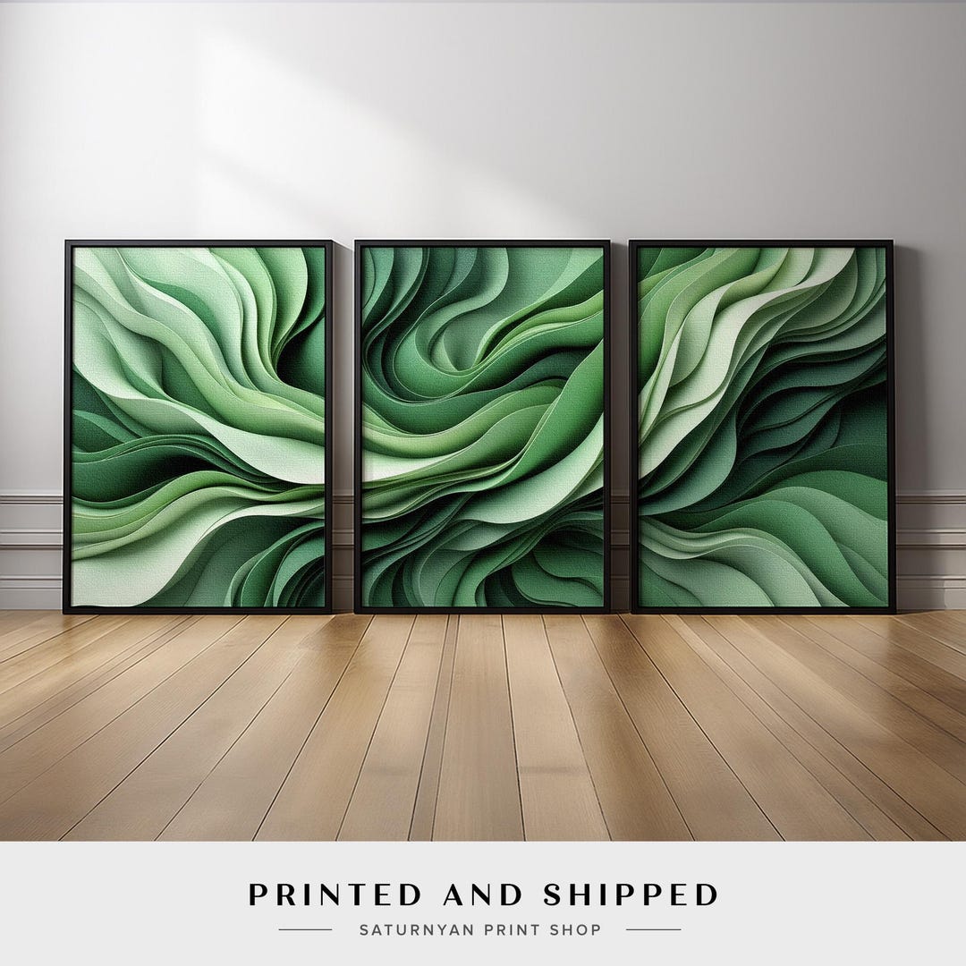 Modern Abstract Green Wall Art Set of 3 | flowing Wave Pattern Canvas ...