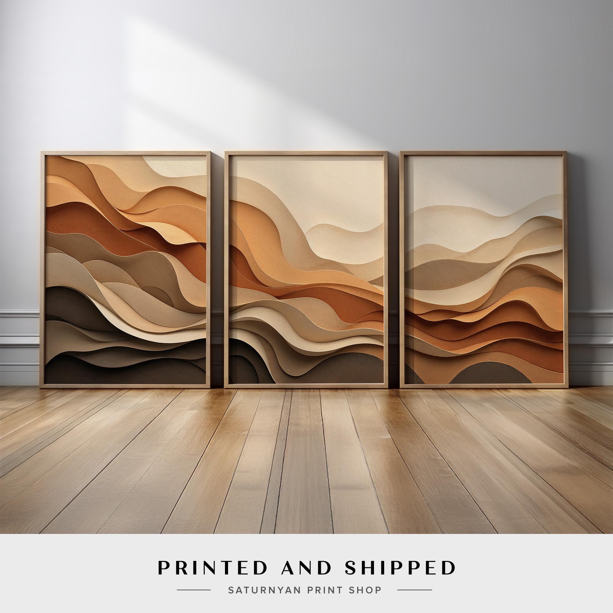 Neutral Abstract Wave Wall Art Set of 3 | Earth Tone Boho Canvas Prints ...