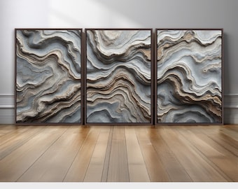 Gray and Beige Geological Wall Art Set of 3 | Layered Earth Abstract Triptych with Organic Rock Contours | Modern Neutral Canvas Prints