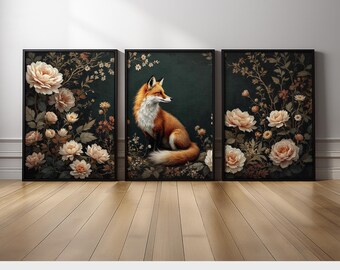 Fox Wall Art Set of 3 | Woodland Animal and Floral Canvas Prints | Vintage Botanical Triptych with Beige Roses on Dark Background