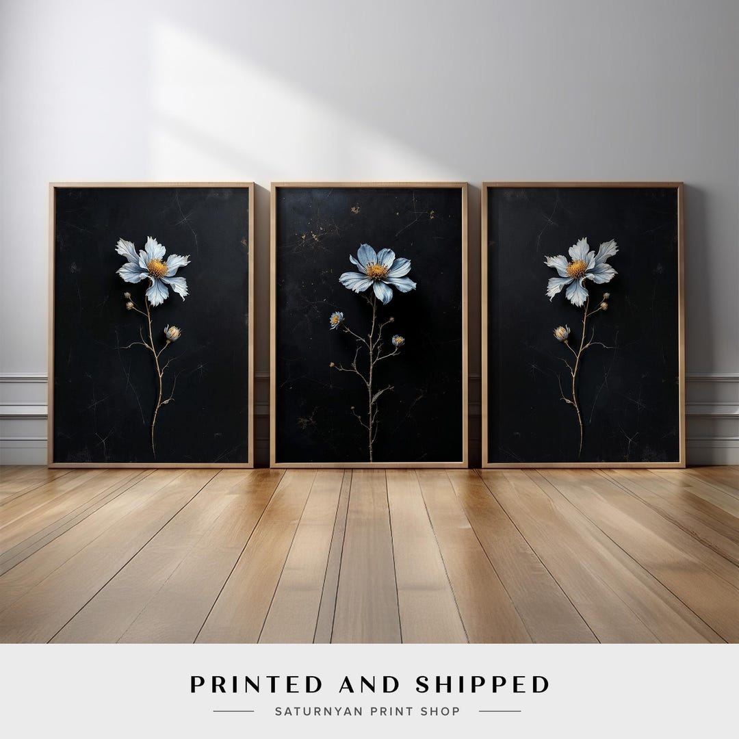 Elegant Blue Flower Wall Art Set of 3 | Minimalist Botanical Design on ...