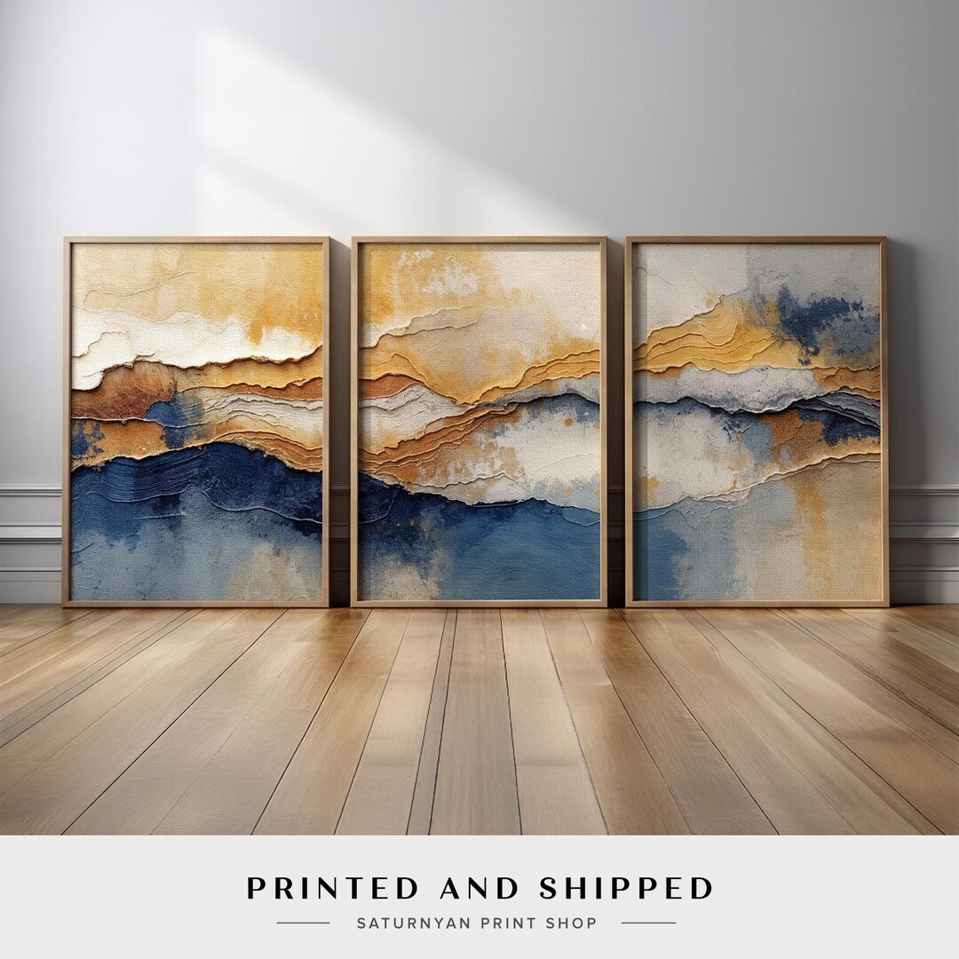Neutral Landscape Abstract Wall Art Set of 3 in Beige, Sand, Ochre, and ...