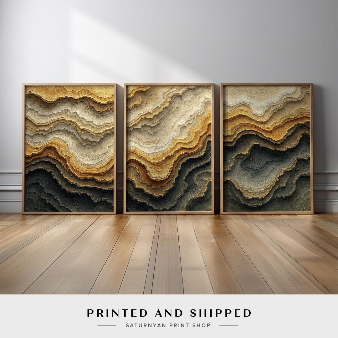 Neutral Geological Abstract Wall Art Set of 3 | Layered Beige and Gold ...