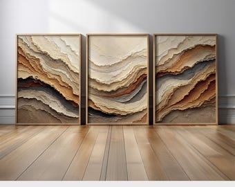 Earthy Neutral Abstract Wall Art Set | Beige Cream Brown Canvas/Poster Prints | Modern Minimalist Triptych for Living Room or Office Decor