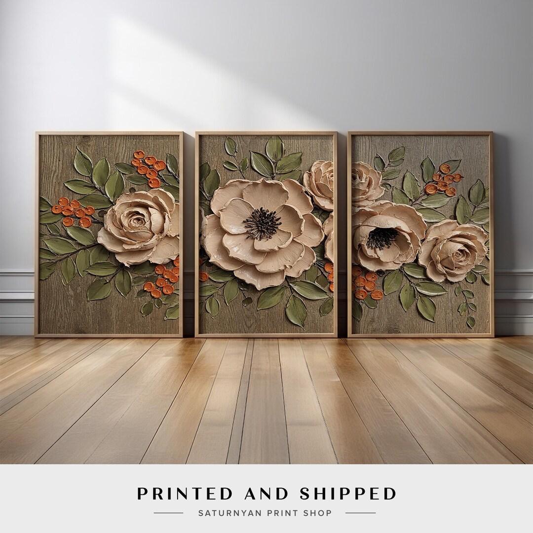 Farmhouse Botanical Wall Art | Set of 3 Rustic Beige Flower Canvas ...