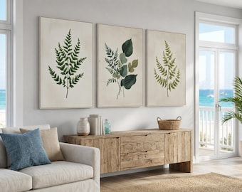 Juego de 3 lienzos minimalistas de arte botánico para pared, con hojas de eucalipto y helecho verde, tríptico moderno para sala de estar u oficina.