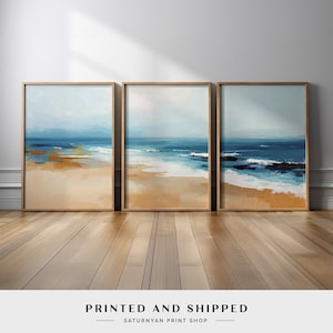 Coastal Beach Abstract Wall Art Set of 3 | Ocean Waves and Sand Canvas Prints in Blue and Beige for Tranquil, Modern Seaside Coastal Decor