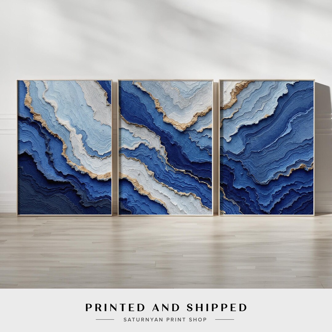 Blue Abstract Wall Art Set of 3 | Ocean-inspired Canvas Prints With ...