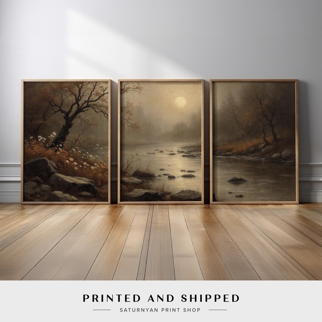 Rustic Landscape Wall Art Triptych | Misty River and Tree Canvas Prints ...