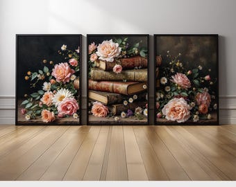 Shabby Chic Book and Flower Wall Art Set of 3 | Vintage Roses and Old Book Stack Canvas Prints | Rustic Cottagecore for Library Decor