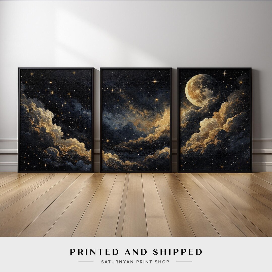 Celestial Moon and Stars Wall Art Triptych | Night Sky Canvas Set of 3 ...
