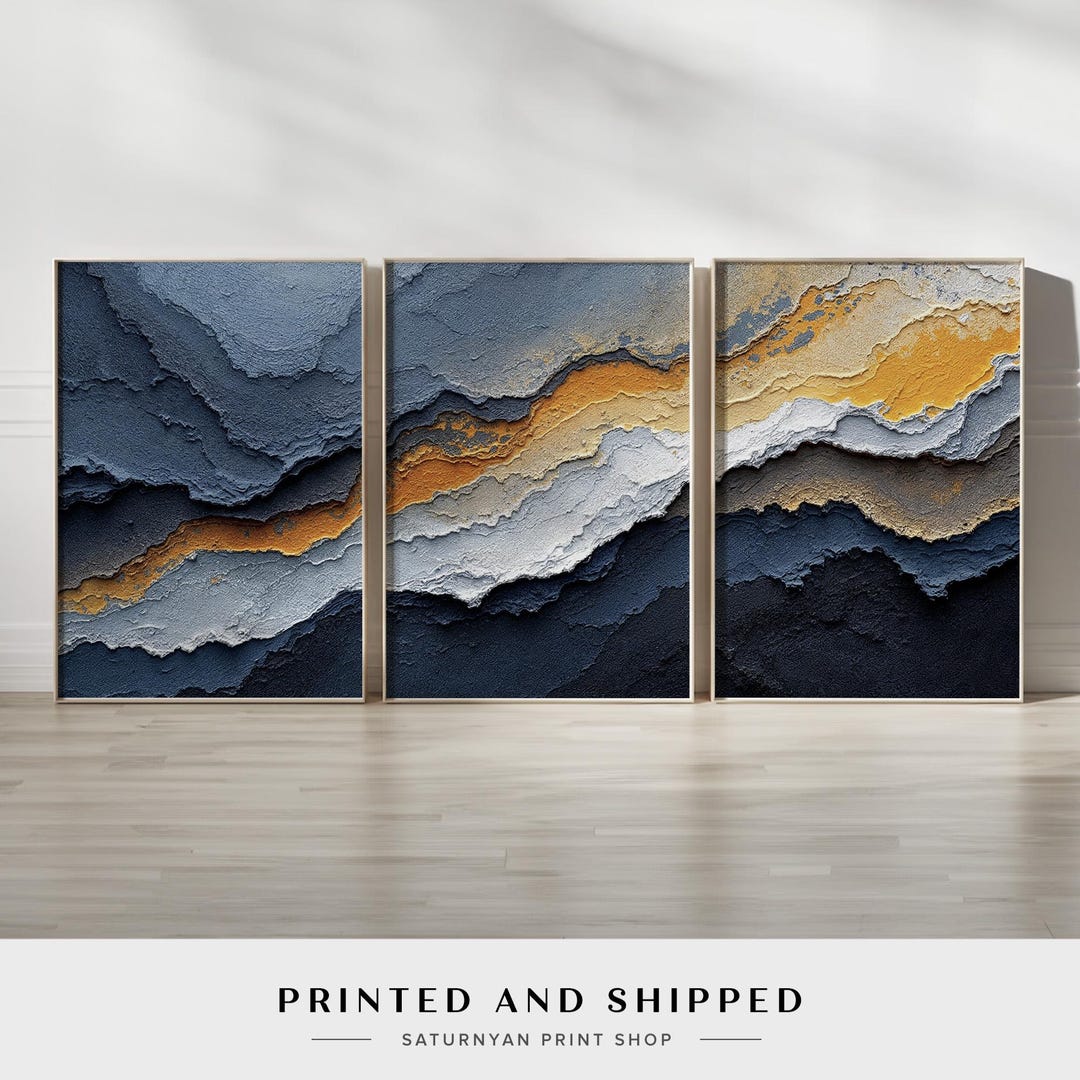Ocean Inspired Abstract Wall Art | set of 3 Sandstone Wave in Navy Blue ...