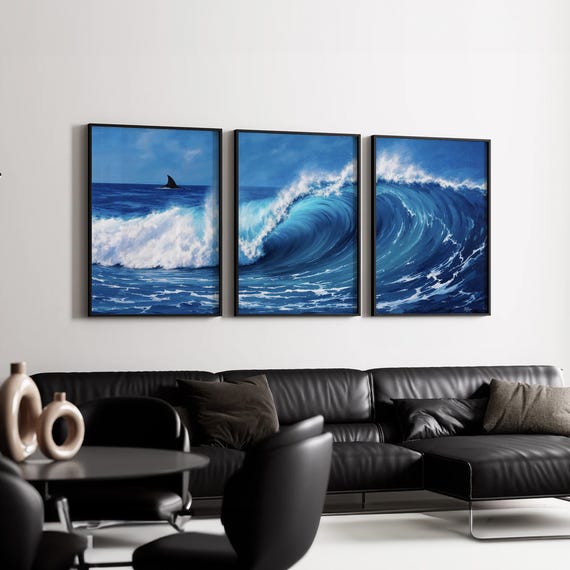 Ocean Wave Wall Art Set of 3 | Blue Coastal Triptych With Shark