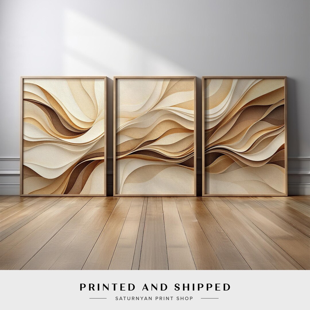 Minimalist Abstract Wall Art Set of 3 | Neutral Beige Brown Flowing ...