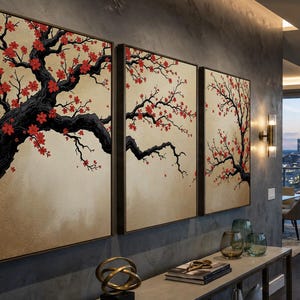 Japanese Cherry Blossom Wall Art, Sakura Tree Triptych, Asian Ink Painting, Zen Home Decor, Floral Canvas Print, Oriental Minimalist Art image 15