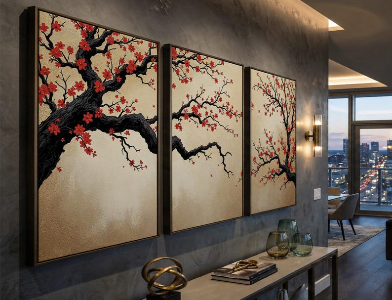 Japanese Cherry Blossom Wall Art, Sakura Tree Triptych, Asian Ink Painting, Zen Home Decor, Floral Canvas Print, Oriental Minimalist Art image 15