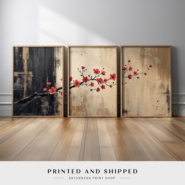 Japanese Minimalist Cherry Blossom Wall Art | Set of 3 Modern Red Floral Canvas Prints | Zen Inspired Neutral Beige and Black Artwork