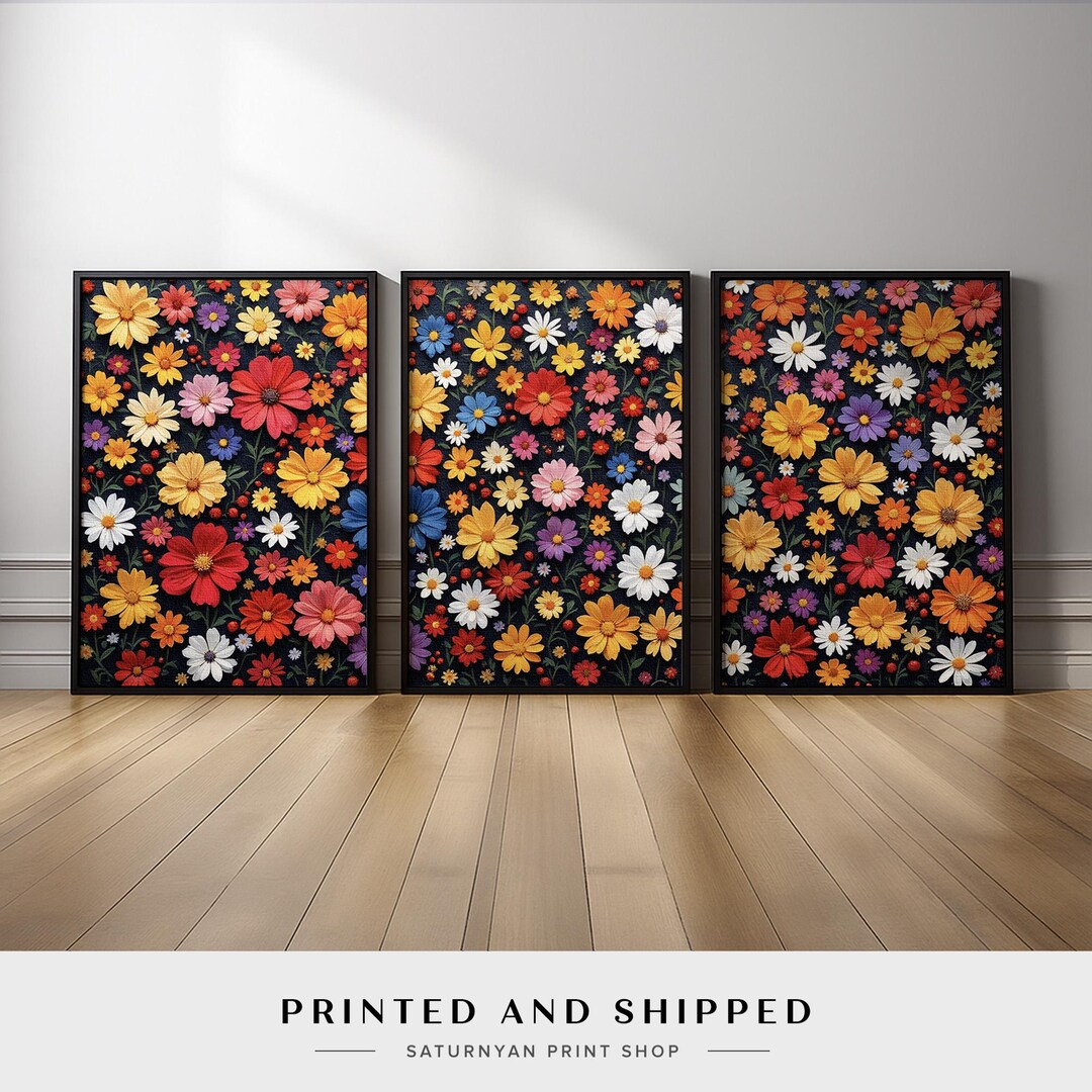 Colorful Floral Wall Art Set of 3 | Vibrant Wildflower Canvas Prints ...