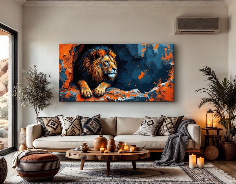 Bold Lion Wall Art, Abstract Canvas Print With Vibrant Blue and Orange ...